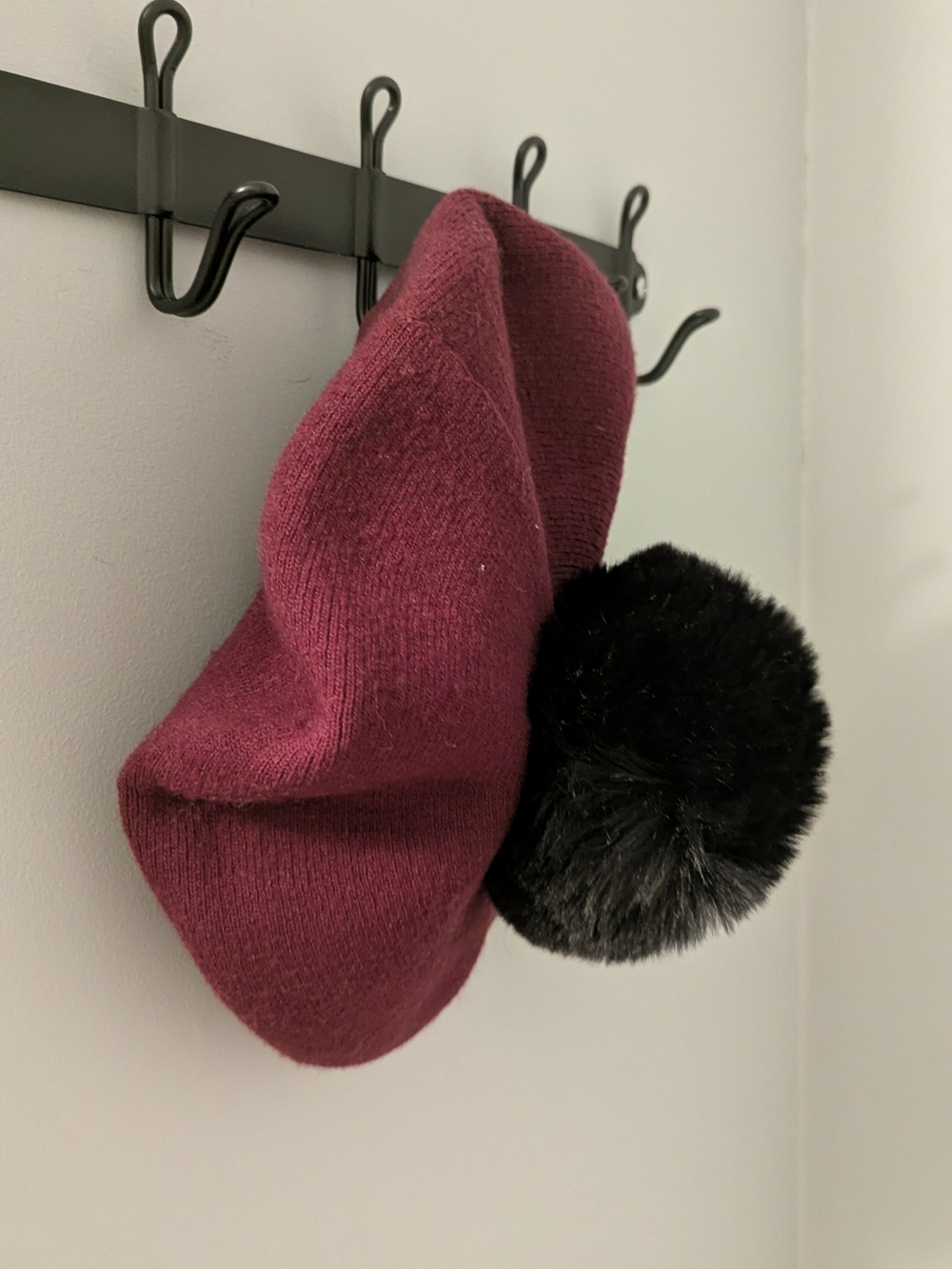 Burgundy French Barret with Black Faux Fur Pom